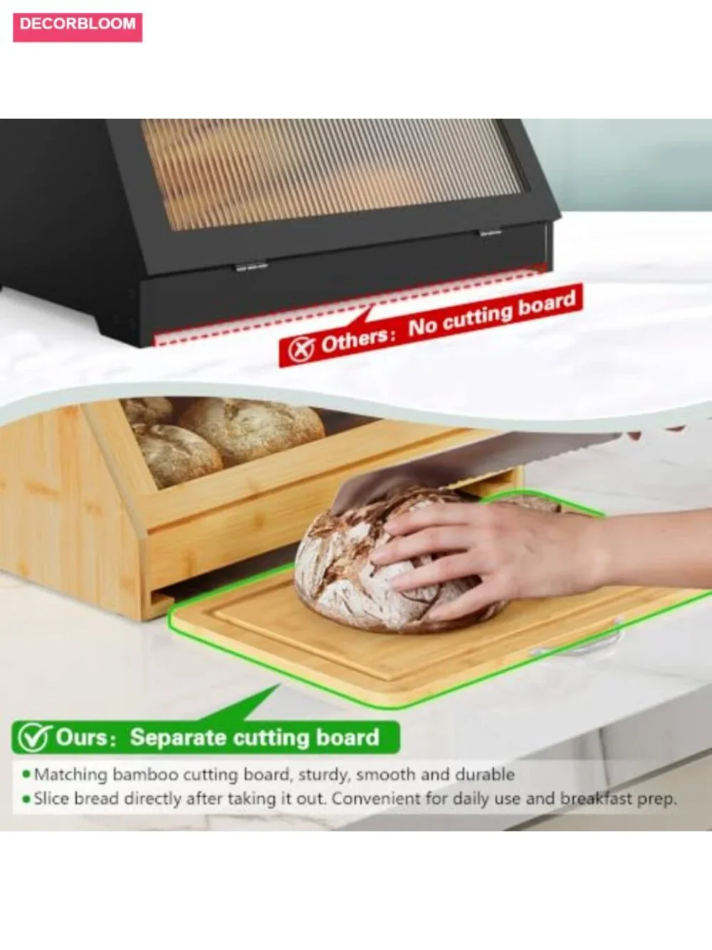 Roll Top Bamboo Bread Box with Cutting Board, Large Capacity Kitchen Storage